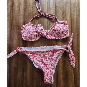 Red White Floral Bikini Tie‎ Front Halter Top Bow Bottoms Swimsuit S M